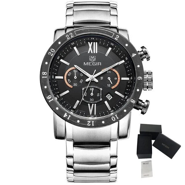 MEGIR Luxury Men's Business Watches Chronograph Waterproof Stainless Steel Quartz Watch Calendar Male Clock Reloj Hombre 3008