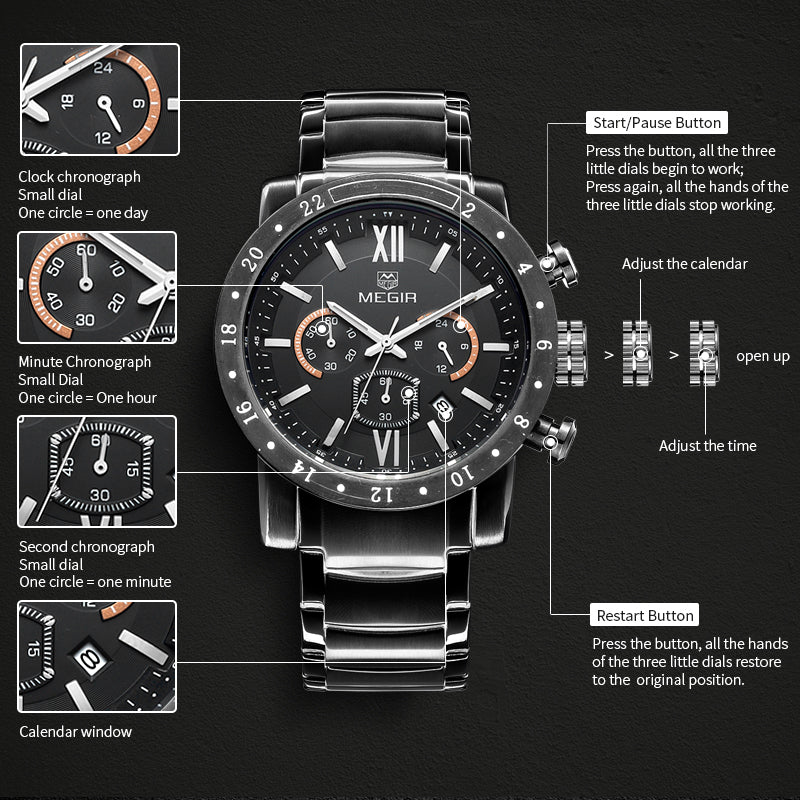 MEGIR Luxury Men's Business Watches Chronograph Waterproof Stainless Steel Quartz Watch Calendar Male Clock Reloj Hombre 3008