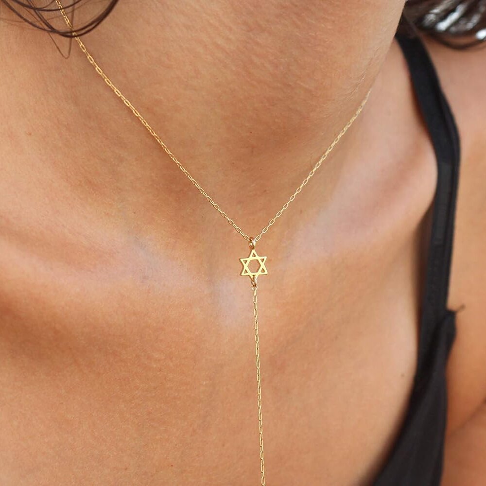 18K Gold Plated Star of David Lariat Necklace-0